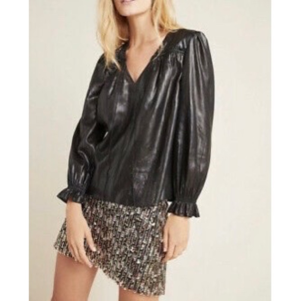 Current Air | Anthro Bristol Metallic Finish Statement Sleeve Blouse - Picture 2 of 16